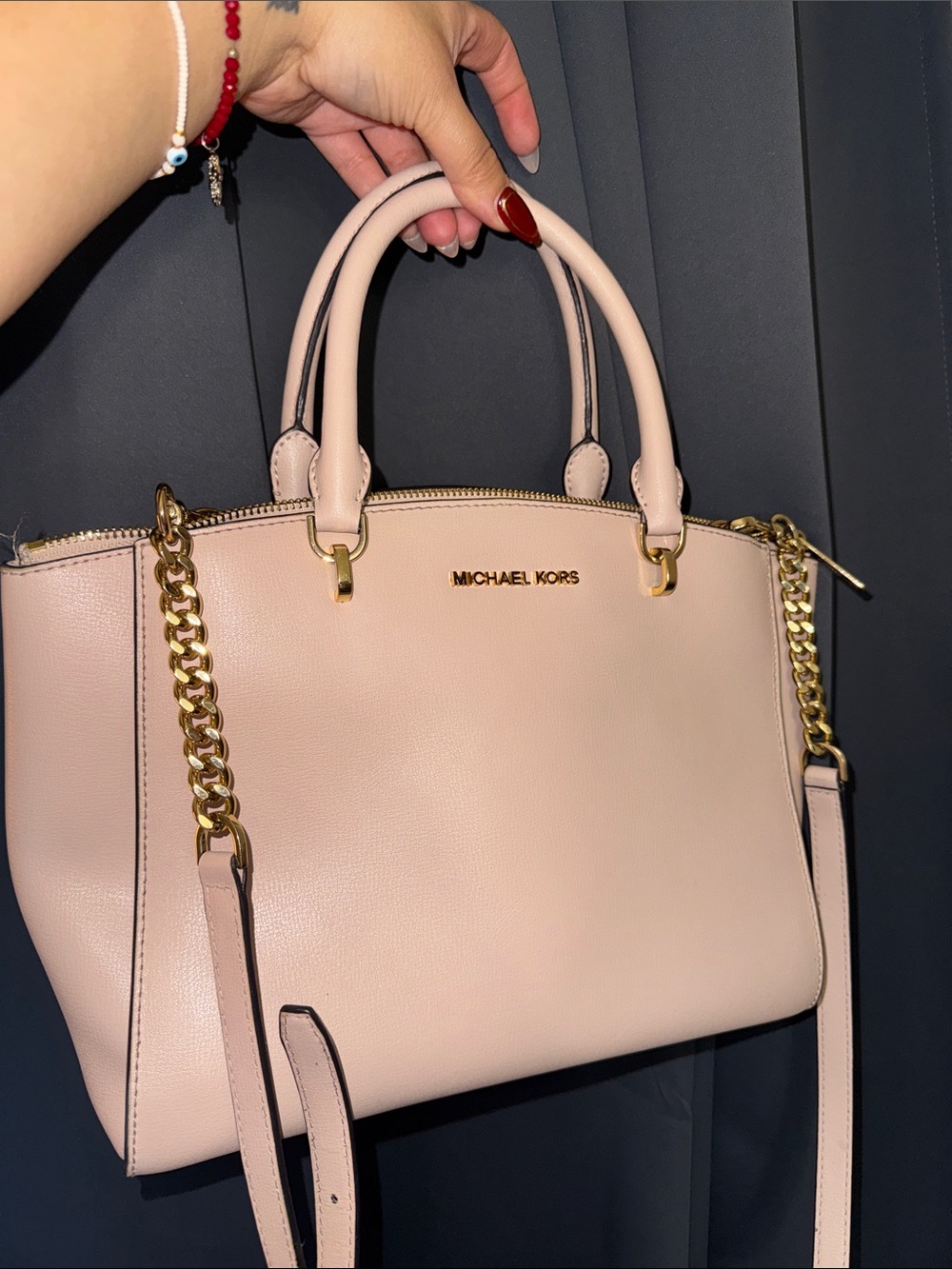 Michael Kors Pale Pink Leather Satchel with Gold Chain Accents